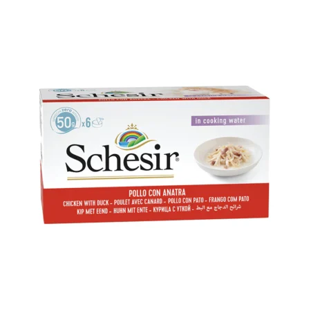 Schesir Cat Wet Food -Chicken Fillets with Duck in cooking water in can for Adult Cats 6x50g